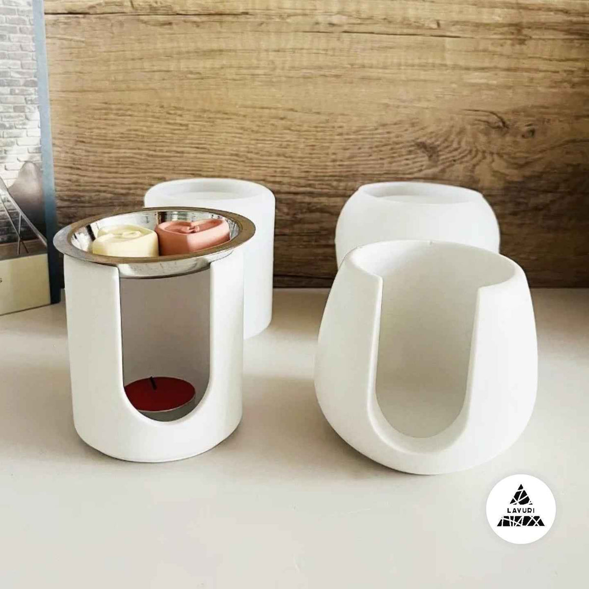 LAVURI® vaxsmältare i gjuten keramik, värmeljus + vit metallkopp, vaxkakor ingår inte