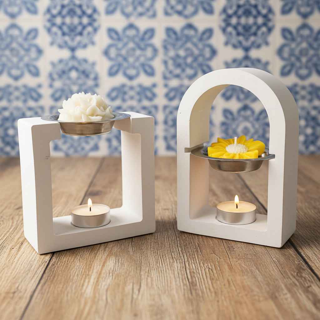 LAVURI® ARCH vaxsmältare i gjuten keramik, värmeljushållare + vit + metallkärl