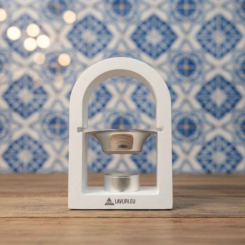 LAVURI® ARCH vaxsmältare i gjuten keramik, värmeljushållare + vit + metallkärl