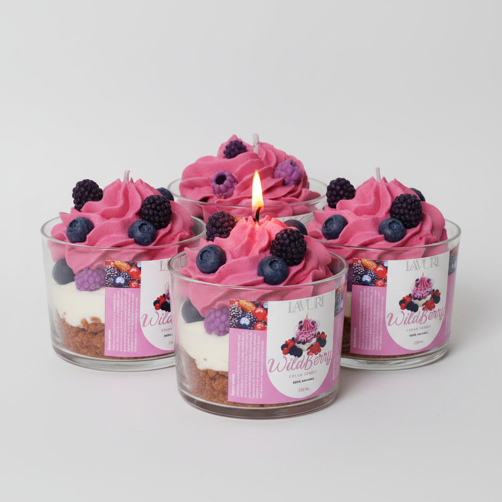 LAVURI Wild Berry Cream CUP Gourmet Dessert Candle, Soy Wax hand wipped foam & detailed decorated, vegan bio from Europe, handmade
