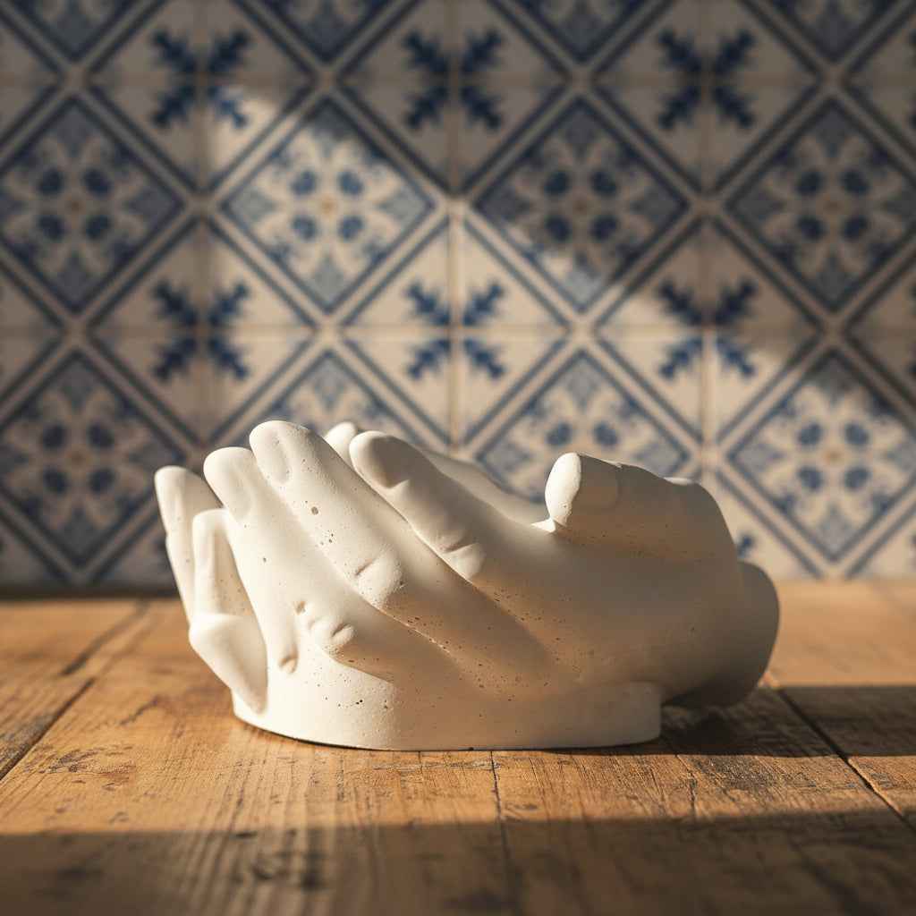 LAVURI Dekorativa kalkstenshänder för smycken - Dekoration - Skulptur - Skål för ljussand eller godis, vit + korkskydd