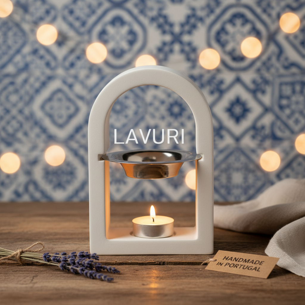 LAVURI® ARCH vaxsmältare i gjuten keramik, värmeljushållare + vit + metallkärl
