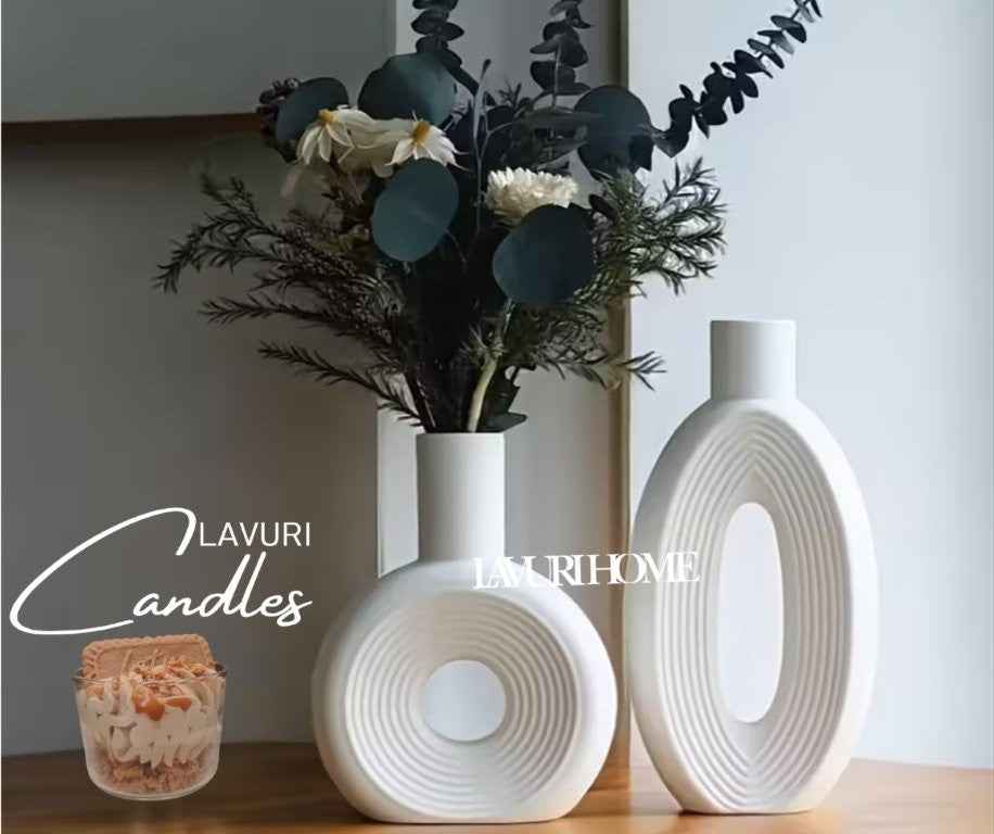 GIRO 18x16 - OVAL 27x14 Circle Line-vas i vit kalksten, bohemisk vas för heminredning, handgjord i Portugal, 840 g, 5,5 cm