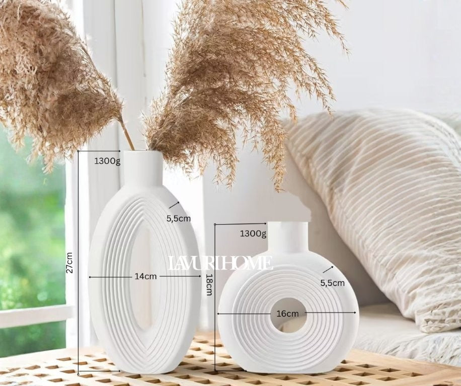 GIRO 18x16 - OVAL 27x14 Circle Line Vase white ceramic Boho Vase for Home Decor handmade in Portugal 1300g 5,5cm Gieß- Keramik