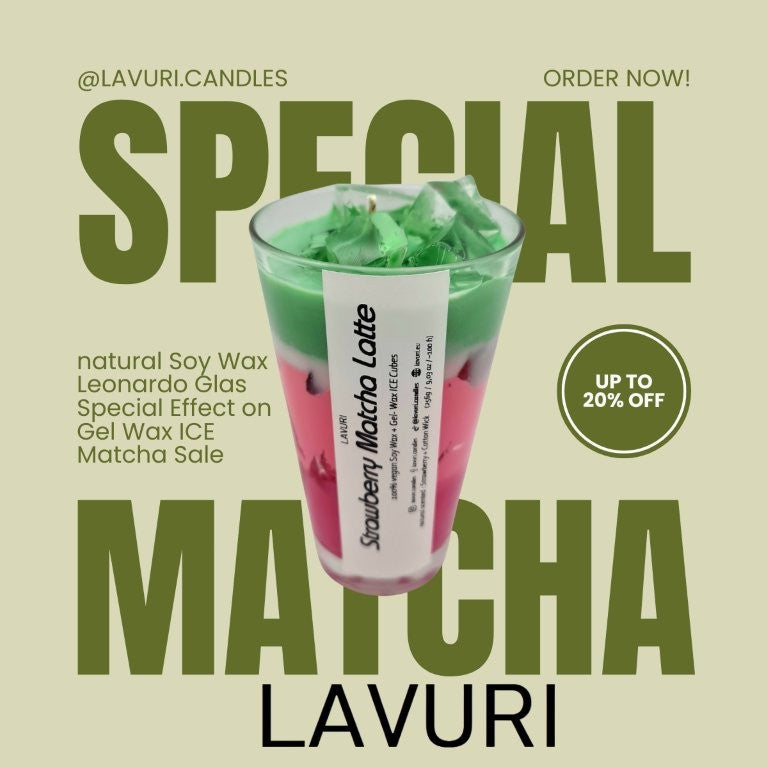 LAVURI® Strawberry Matcha Latte aus Soja Wachs Duftkerze vegan mit Gel- Wachs Eiswürfeln, handmade