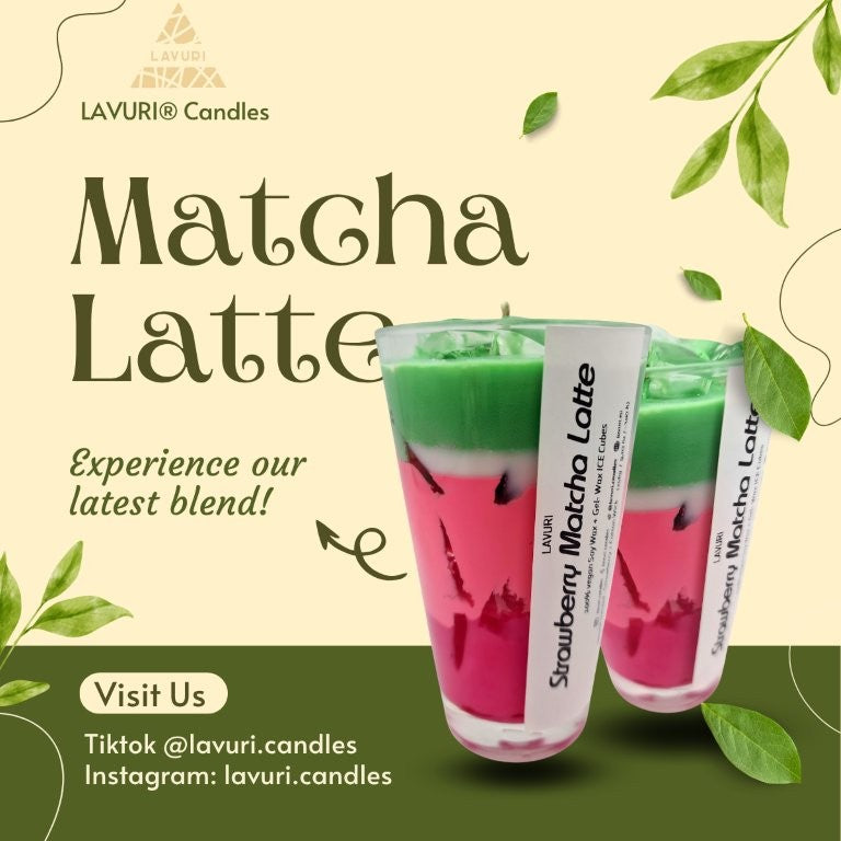 LAVURI® Strawberry Matcha Latte aus Soja Wachs Duftkerze vegan mit Gel- Wachs Eiswürfeln, handmade