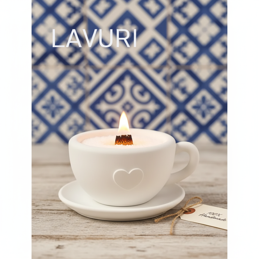 LAVURI Cappuccino-kop på underkop KUN til vokslys, lysesand / perlevoks, tørrede blomster, dekorationer og som duftlysvarianter
