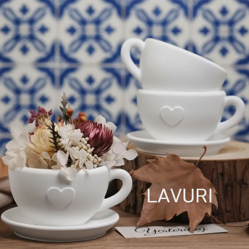 LAVURI Cappuccino-kop på underkop KUN til vokslys, lysesand / perlevoks, tørrede blomster, dekorationer og som duftlysvarianter