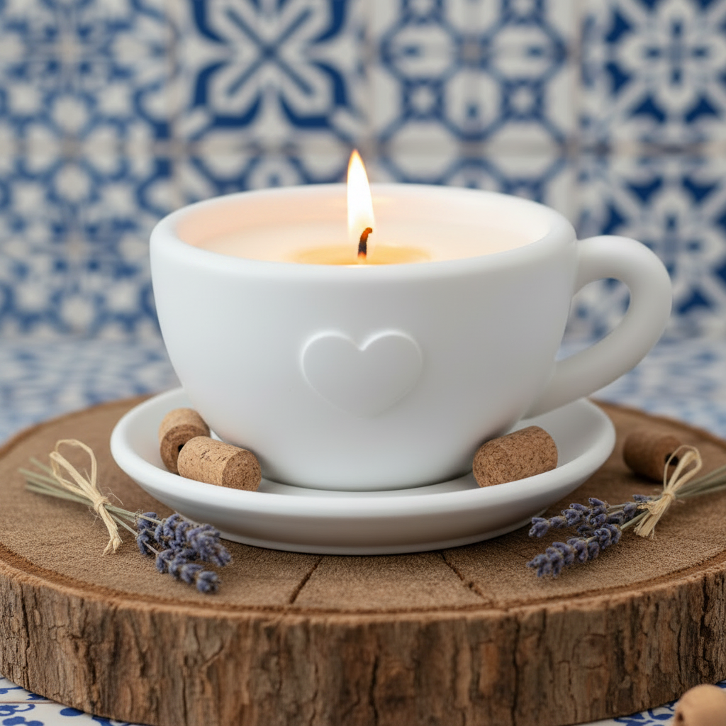 LAVURI Cappuccino-kop på underkop KUN til vokslys, lysesand / perlevoks, tørrede blomster, dekorationer og som duftlysvarianter