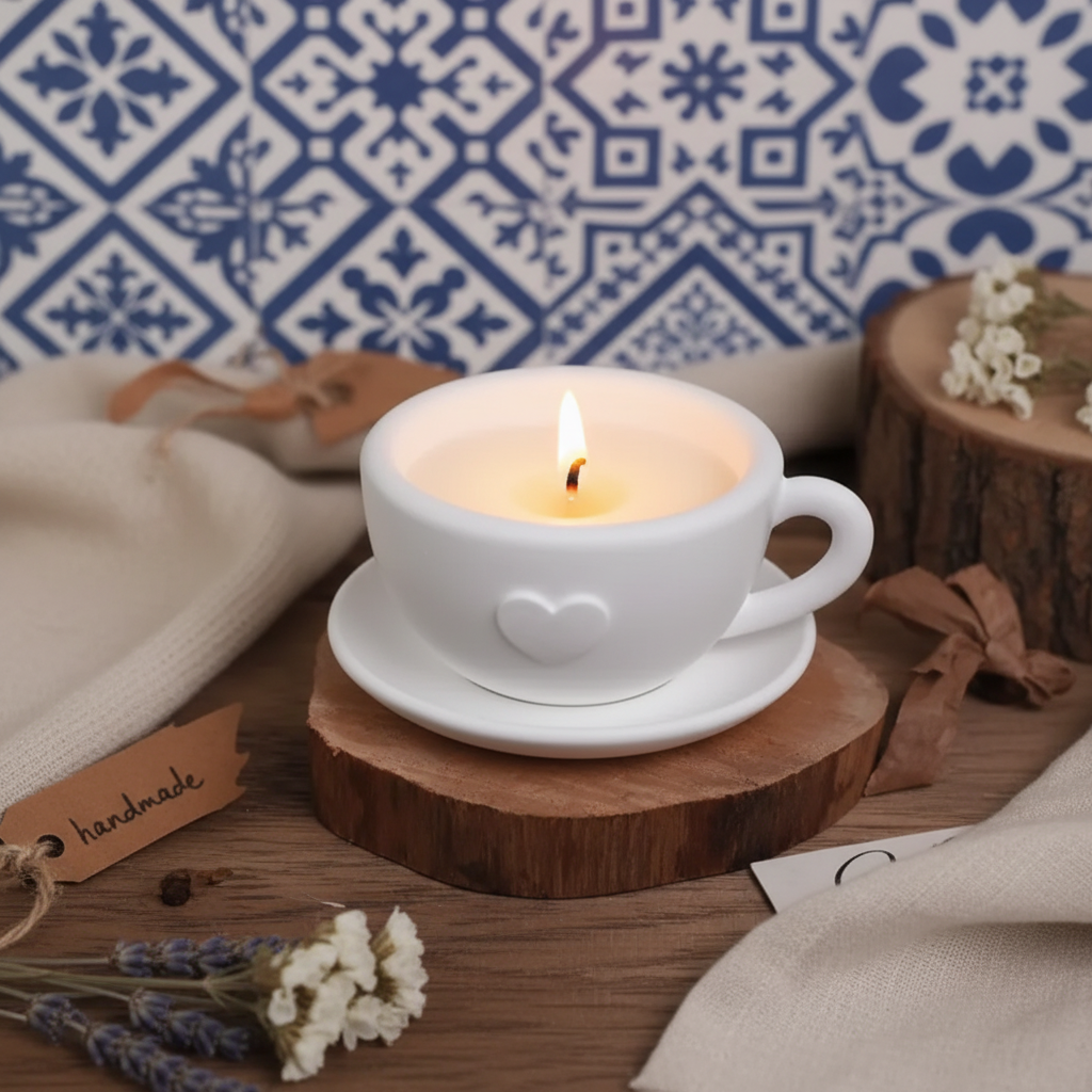 LAVURI Cappuccino-kop på underkop KUN til vokslys, lysesand / perlevoks, tørrede blomster, dekorationer og som duftlysvarianter