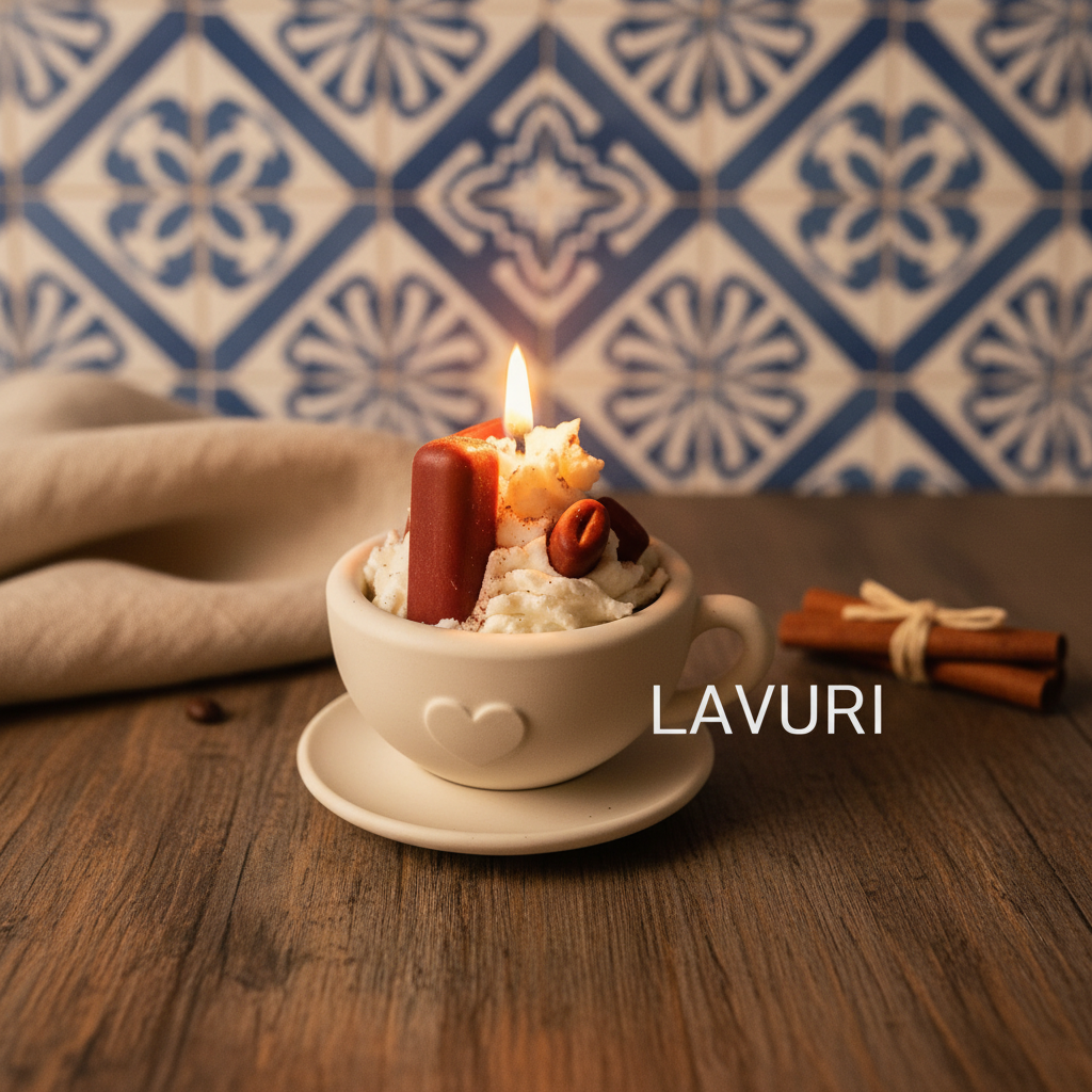 LAVURI Cappuccino-kop på underkop KUN til vokslys, lysesand / perlevoks, tørrede blomster, dekorationer og som duftlysvarianter