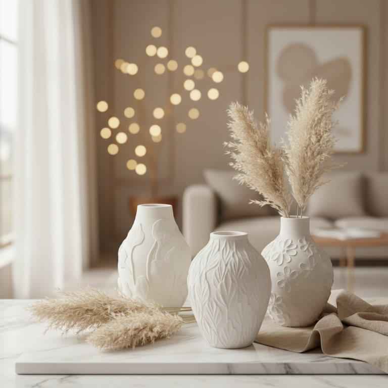 3 Les Fleurs "Collection" - Vases for Dried Flowers like Pampas Grass, 11 x 7.5 cm, Round Ceramic Vase with Petal Pattern