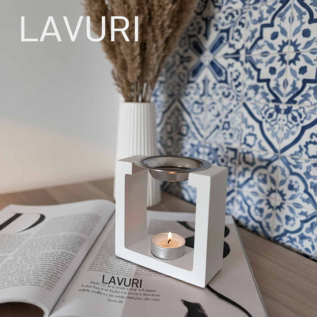 LAVURI SQUARE vaxsmältare i gjuten keramik, värmeljushållare + vit + metallkärl