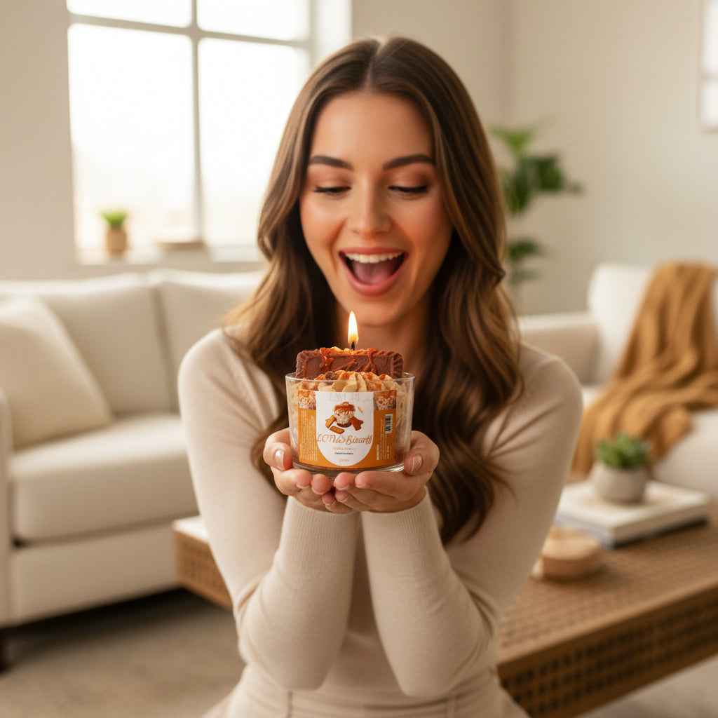 LAVURI LOTUS BISCOFF gourmetljus som ser ut som en dessert, med sojavaxskum och detaljerad dekor, veganskt och ekologiskt från Europa, handgjort i Portugal