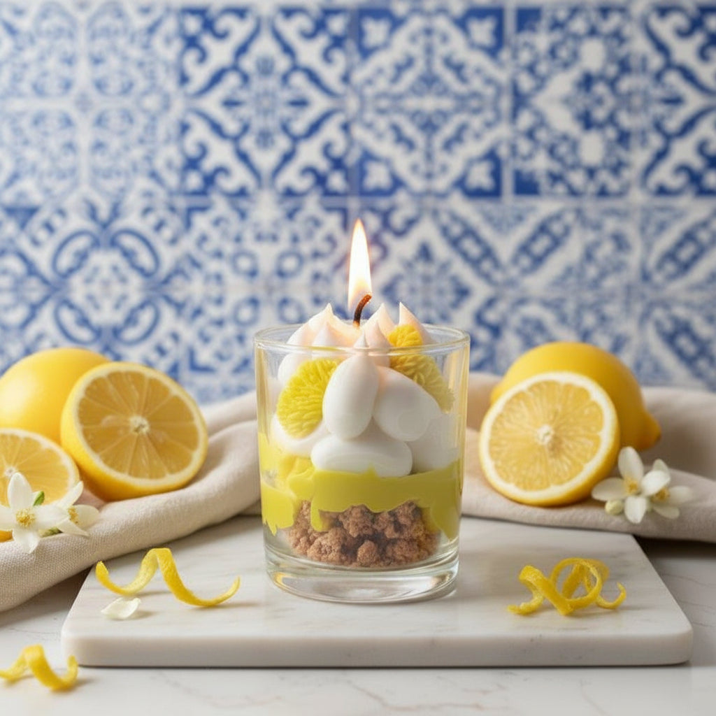 LAVURI Lemon Curd CUP Gourmet Dessert Candle, Soy Wax handwipped foam & detailed decorated, vegan bio handmade - LAVURI® Home DECOR & Gourmet Candles