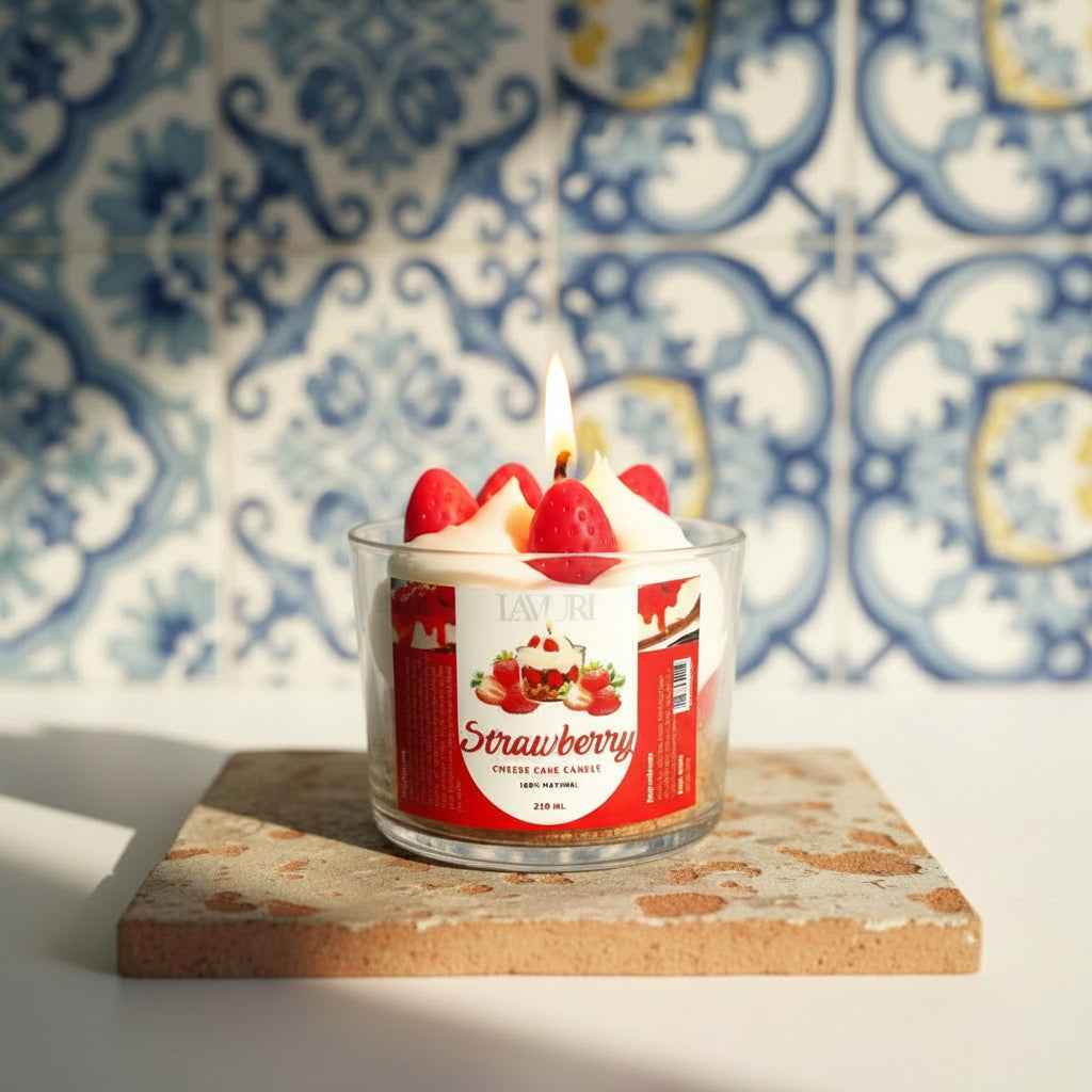 LAVURI Strawberry Cheese Cake Gourmet Dessert Candle, Soy Wax foam & detailed decorated, vegan bio from Europe, handmade in Portugal