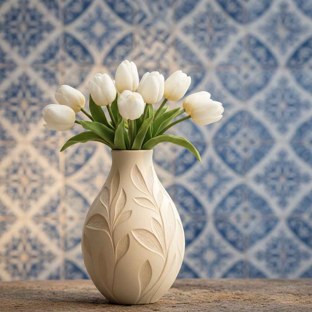 Les Fleurs "Tulip Leaves" - Vase for Dried Flowers like Pampas Grass, 11 x 7.5 cm, Round Ceramic Vase with Petal Pattern