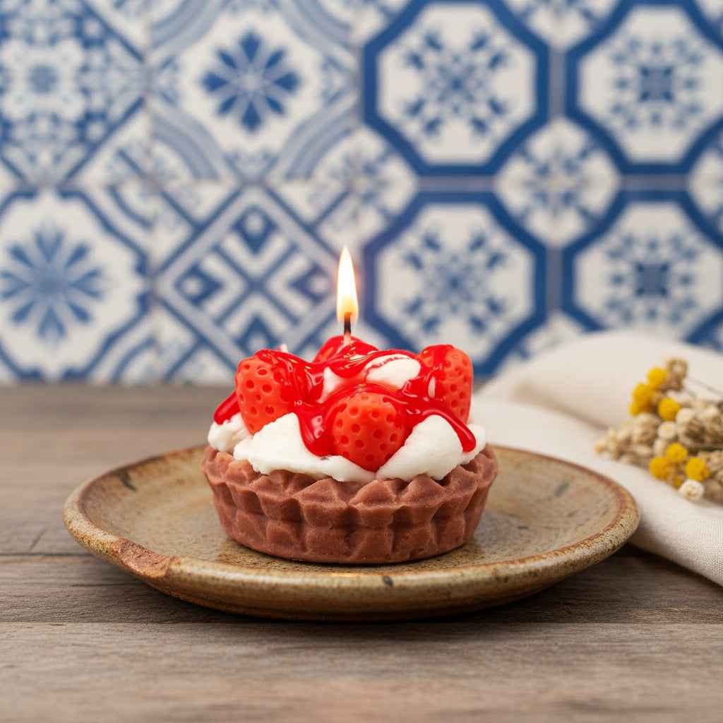 LAVURI® Jordbærtærte - Gourmetkagelys, jordbær og sojacreme, rød gelvokssauce med pulverpynt