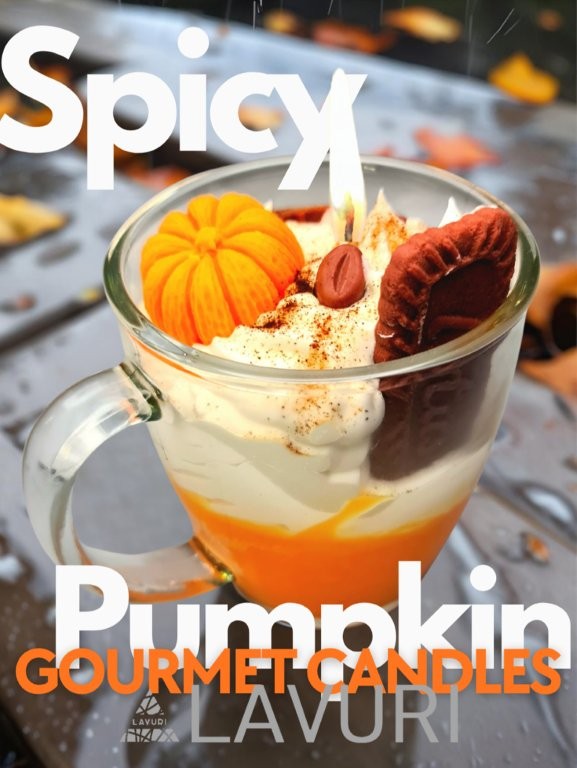 LAVURI® Spricy Pumpkin Soja Wachs Duftkerze biologisch vegan Herbst Geschenk detaillierte Verzierungen wiederverwendbar Henkel Glas handmade
