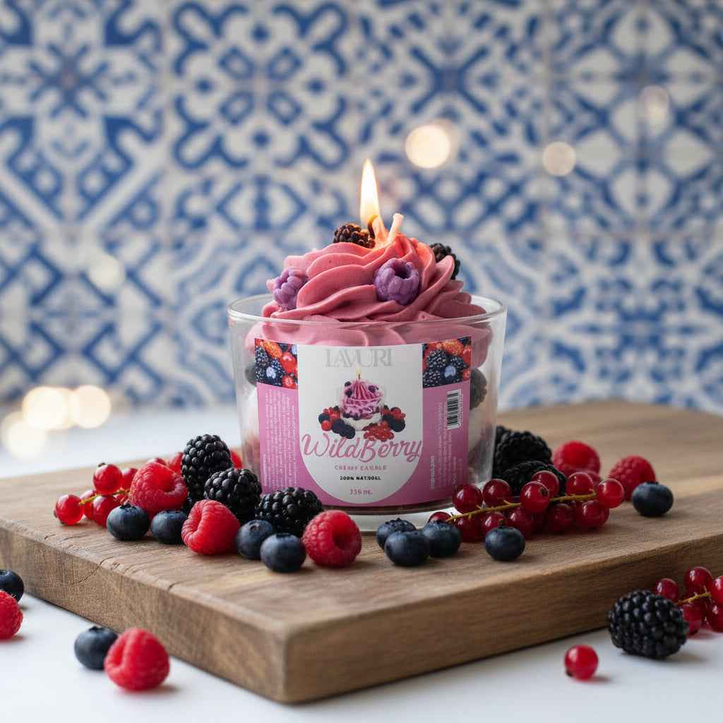 LAVURI Wild Berry Cream CUP — handmade soy dessert candle in glass, Portugal