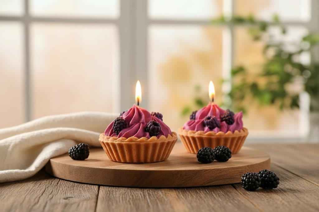 LAVURI Wild Berry Tart-ljus - Gourmetljus med kakutseende, vispad grädde och konstgjorda bär