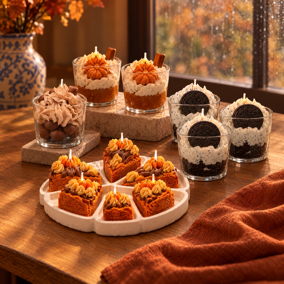 LAVURI Autumn Pumpkin: 6 Spicy Pumpkin Dessert Cake Slice with its original cake plate, 1 Truffle Cream CUP, 2 Spicy Pumpkin CUP, 3 Nòrio Cream CUP. Handmade soy-wax dessert candle starter pack from Portugal.