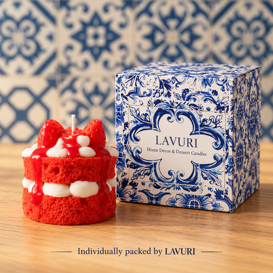 LAVURI Red Velvet: dekorationsljus som visas bredvid sin individuella LAVURI Azulejo-förpackning för detaljhandeln.