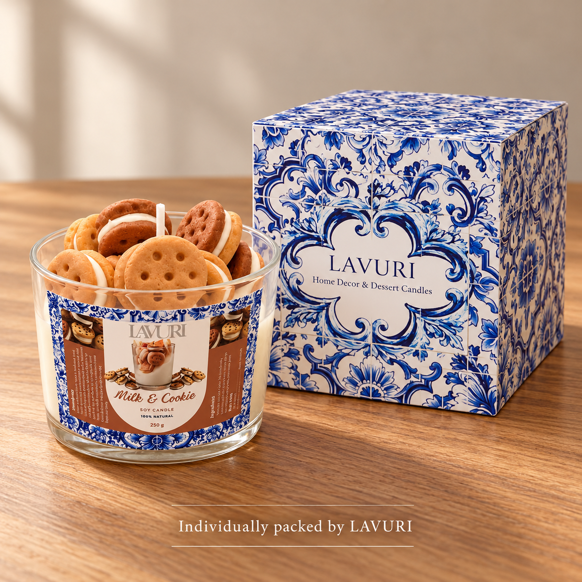 LAVURI MILK & Cookie – Ręcznie robiona sojowa świeca deserowa – świeca w indywidualnym opakowaniu detalicznym LAVURI Azulejo.