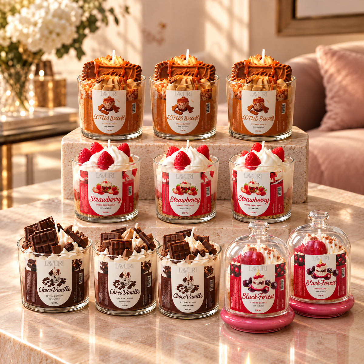 LAVURI Sweet Berry: 3 LOTUS BISCOFF, 3 Strawberry Cheesecake CUP, 3 Chocolate Vanilla CUP, 2 Black Forest Cherry — glass dome. Handmade soy-wax dessert candle starter pack from Portugal.