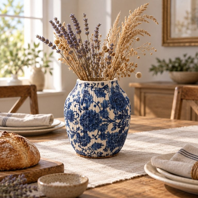 LAVURI RIBBED 1200 AZULEJO – ręcznie robiony wazon, 15 x 12 cm, otwór 6 cm