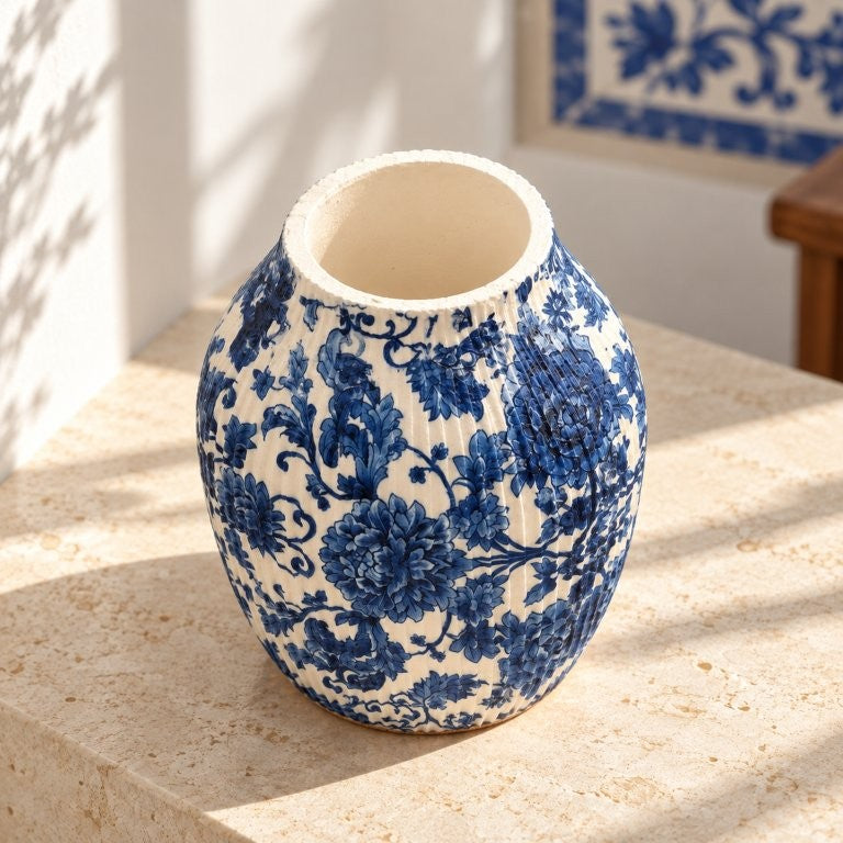 LAVURI RIBBED 1200 AZULEJO – ręcznie robiony wazon, 15 x 12 cm, otwór 6 cm