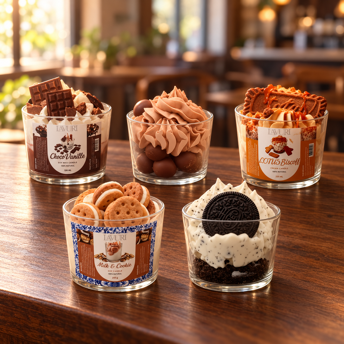 LAVURI Choco Cookie — five individually packed handmade dessert candle designs
