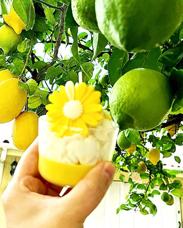 LAVURI® Zitronenbecher Duft- Kerze mit Schlagsahne und Mageriten Blüte in einem Glas