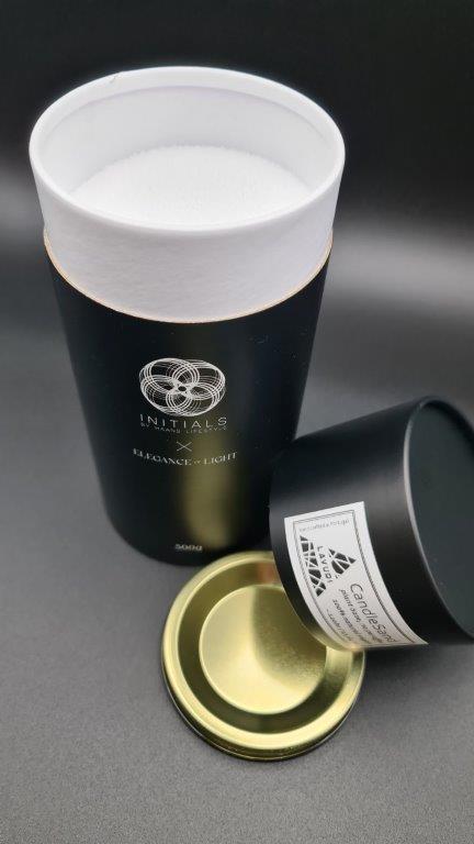 Initials Edition Candle Sand perl wax, black tube, 100% natural, 500g incl. wicks, NO paraffins, white