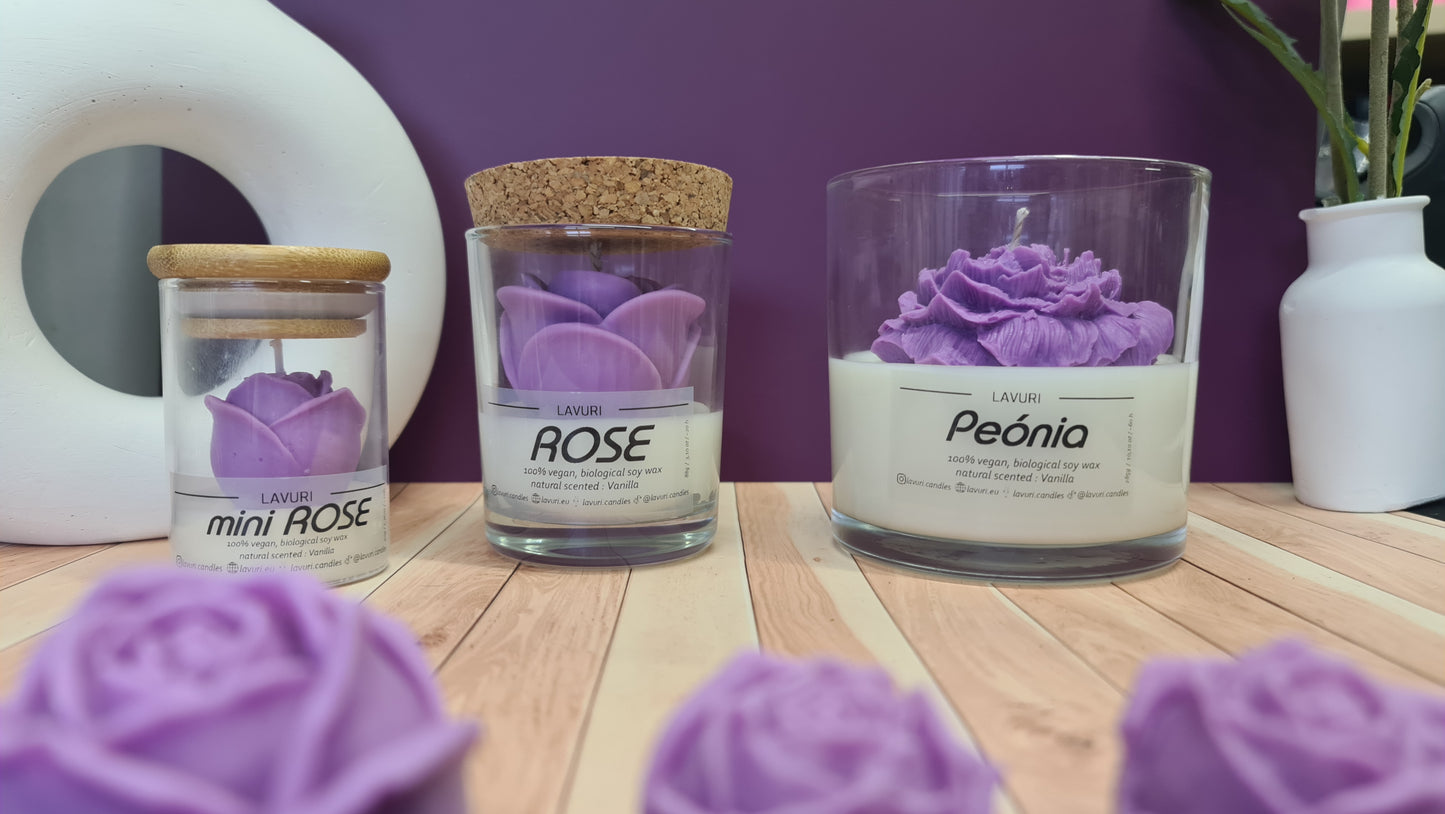 LAVURI Peónia in a glass jar, vanilla scented candle made from 100% natural soy wax, vegan, handmade, reusable glass, various colors and fragrances available.