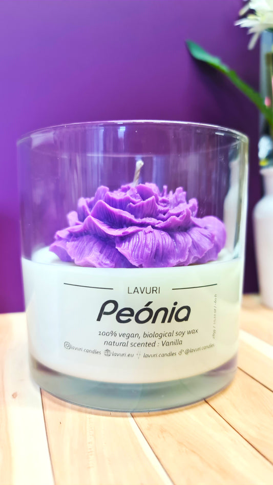 LAVURI Peónia in a glass jar, vanilla scented candle made from 100% natural soy wax, vegan, handmade, reusable glass, various colors and fragrances available.