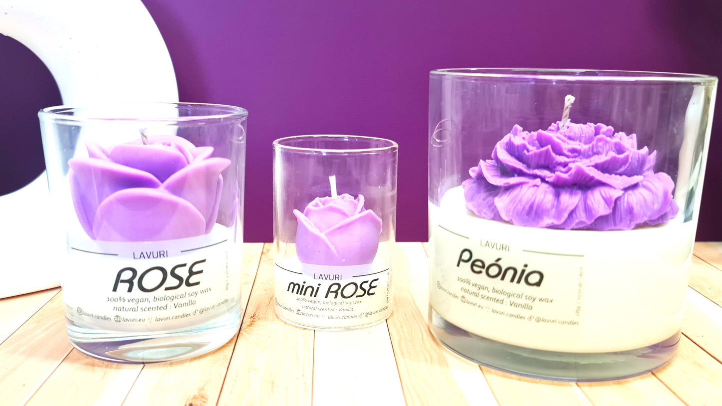 LAVURI Peónia in a glass jar, vanilla scented candle made from 100% natural soy wax, vegan, handmade, reusable glass, various colors and fragrances available.