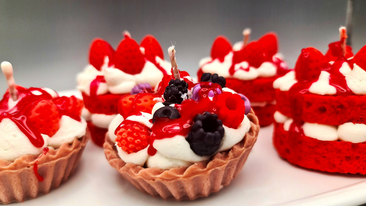 RED Velvet Strawberry cake come with chantilly and fruits as topping on a red fluffy cake base, 100% soy wax Gourmet Dessert Candle