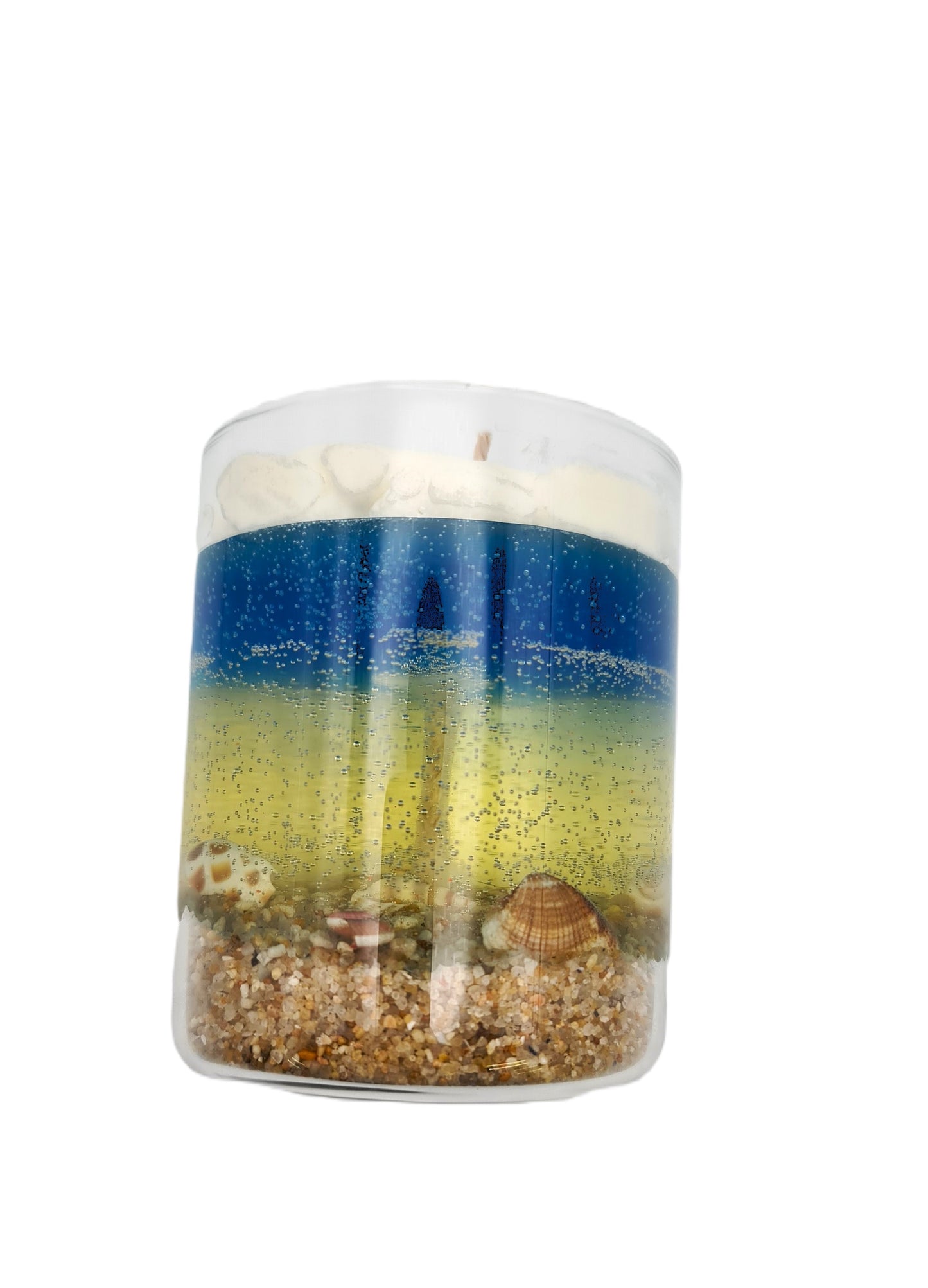 PRAIA Beach Candle with personal hand picked Sand & Shells from Portugal in sparkling gel wax and 100% natural soy wax foam breath as topping