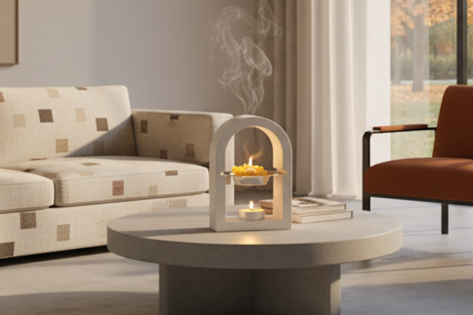 LAVURI® ARCH Wax melter made of cast ceramic, tealight holder + white + metal pot