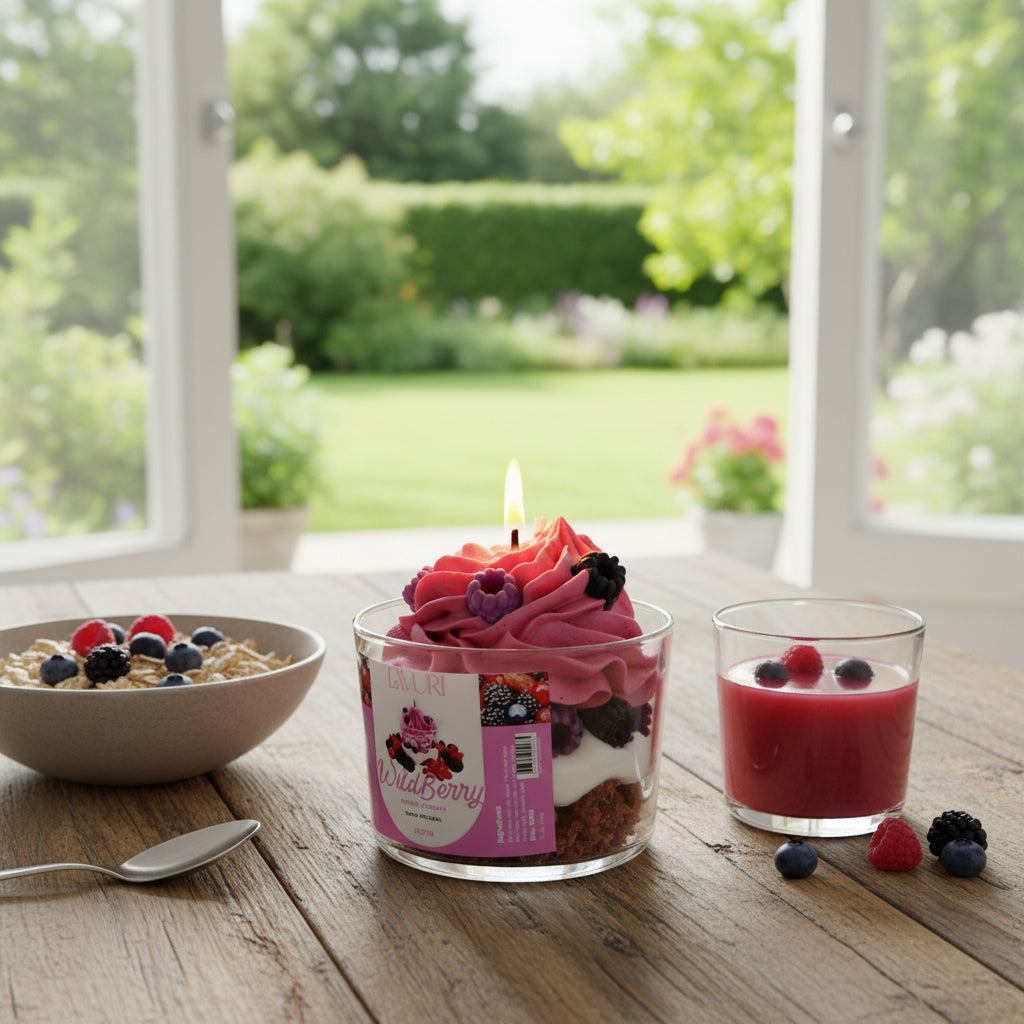 LAVURI Wild Berry Cream CUP Gourmet Dessert Candle, Soy Wax hand wipped foam & detailed decorated, vegan bio from Europe, handmade