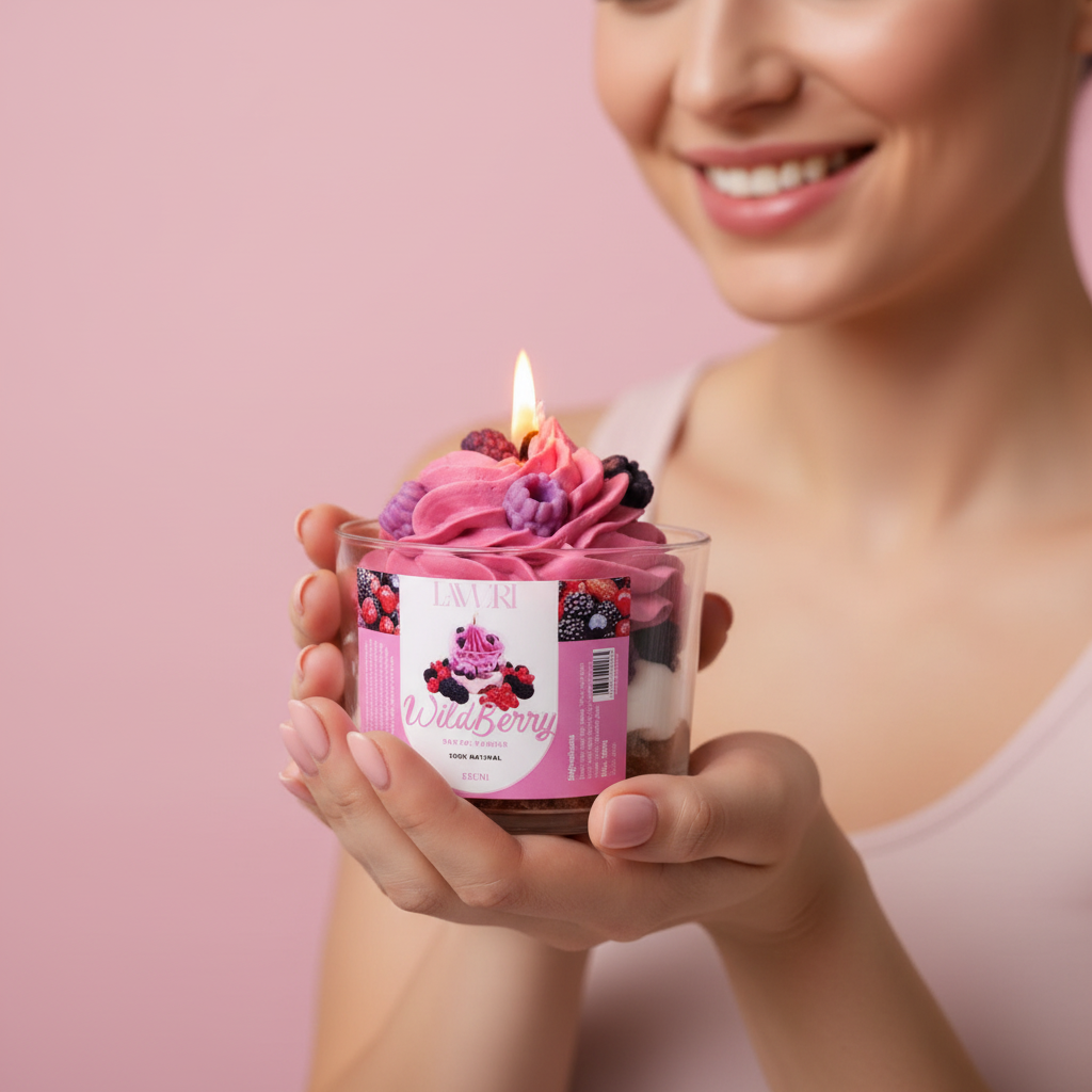 LAVURI Wild Berry Cream CUP Gourmet Dessert Candle, Soy Wax hand wipped foam & detailed decorated, vegan bio from Europe, handmade