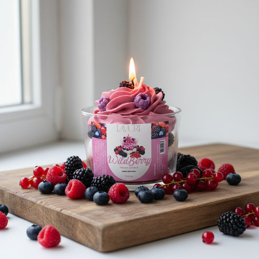 LAVURI Wild Berry Cream CUP Gourmet Dessert Candle, Soy Wax hand wipped foam & detailed decorated, vegan bio from Europe, handmade