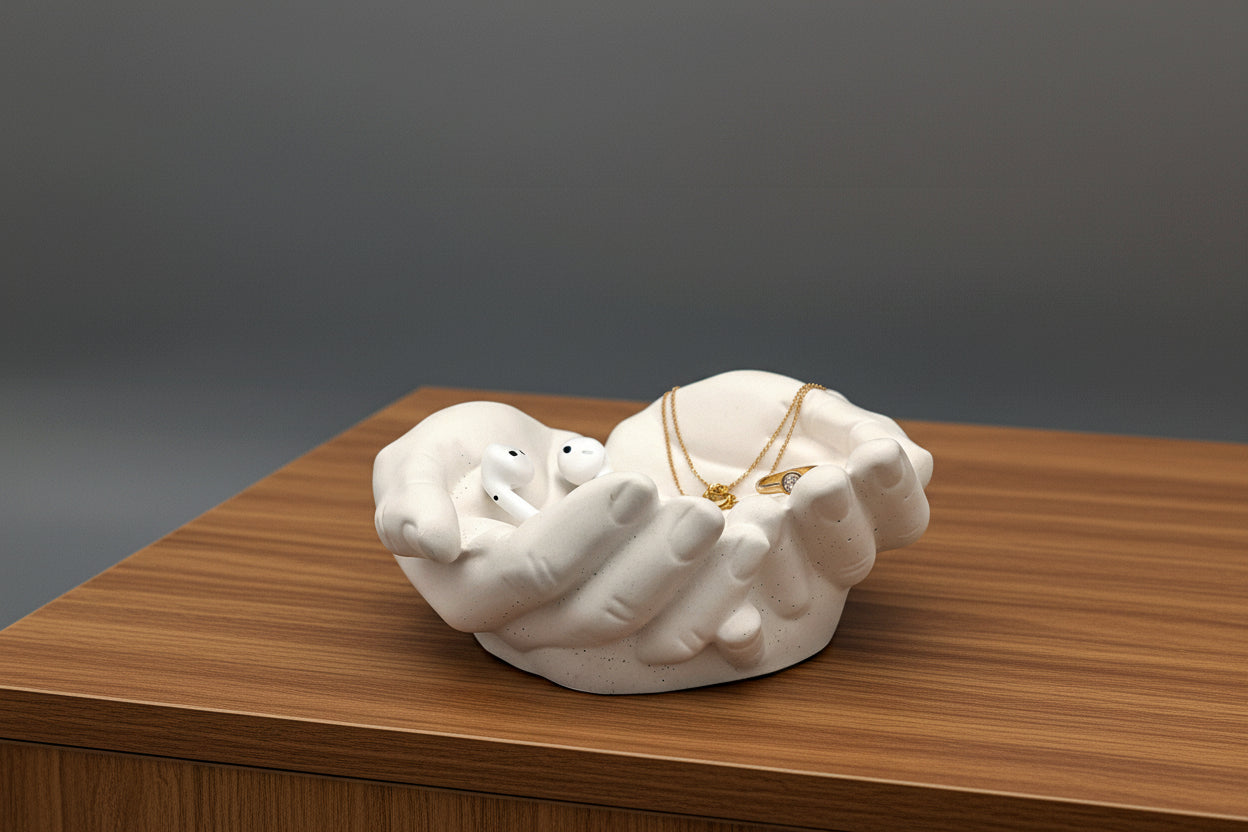 LAVURI Decorative Limestone Hands Jewelry - Decorative - Sculpture - Candle Sand Candy Dish White + Cork Protector
