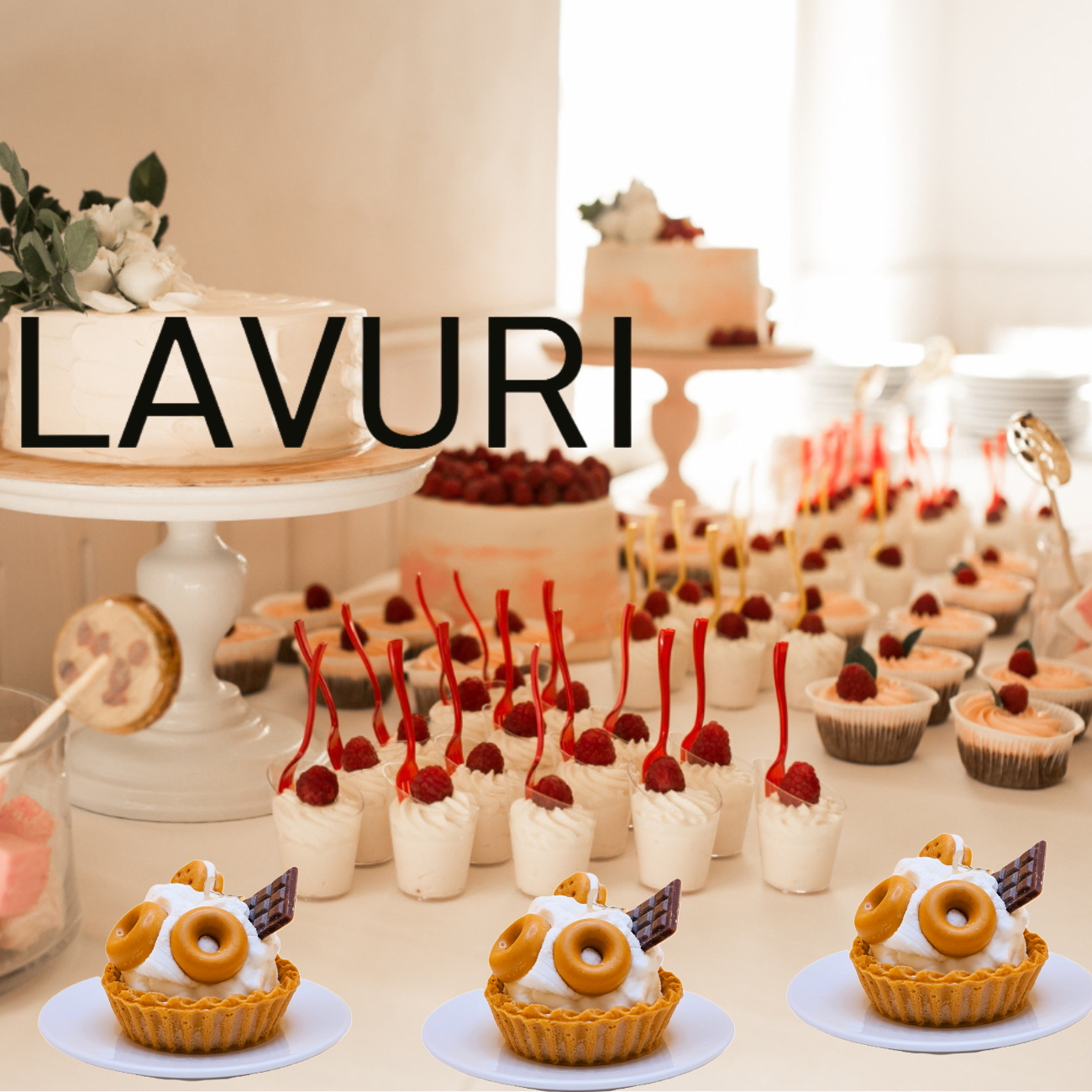 LAVURI® Caramel Tarte - Gourmet Cookie Candle als Caramel Biskuit mit Schlagsahne , Schokoriegel und Keksringe als Verzierung