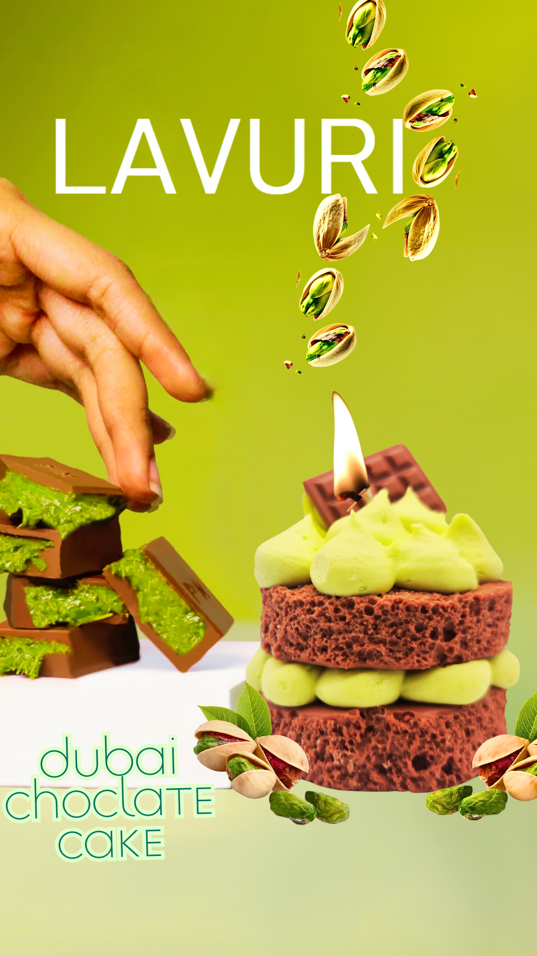 DUBAI Choclate Cake Candle, 100% handmade soy waxed scented Candle, Pistachio creme look on fluffy Cake base