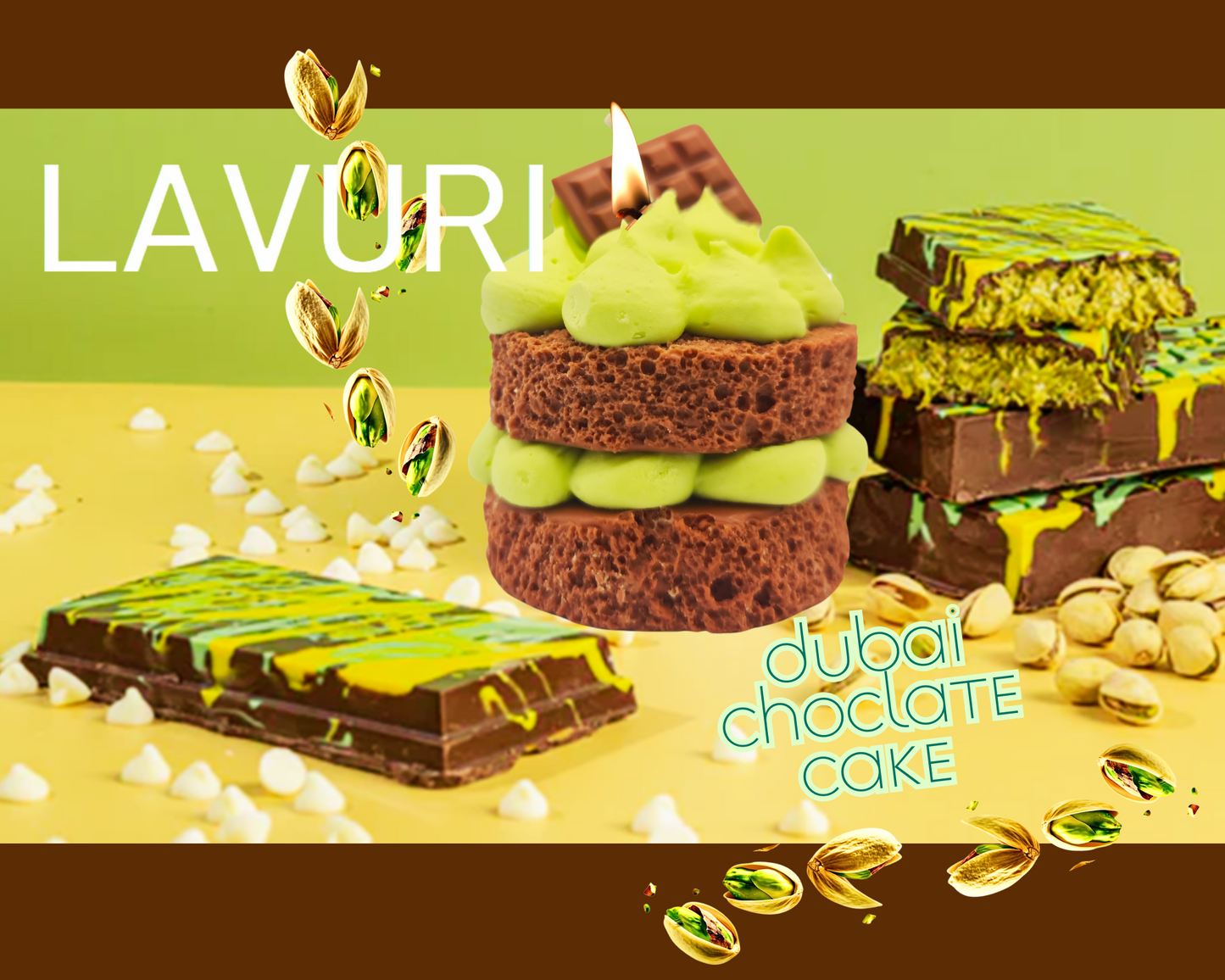 DUBAI Choclate Cake Candle, 100% handmade soy waxed scented Candle, Pistachio creme look on fluffy Cake base