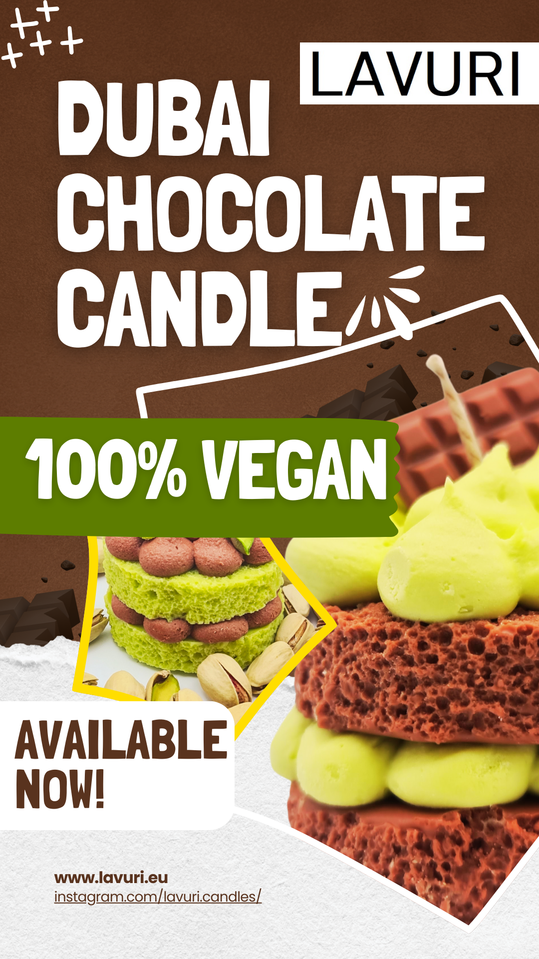 DUBAI Choclate Cake Candle, 100% handmade soy waxed scented Candle, Pistachio creme look on fluffy Cake base