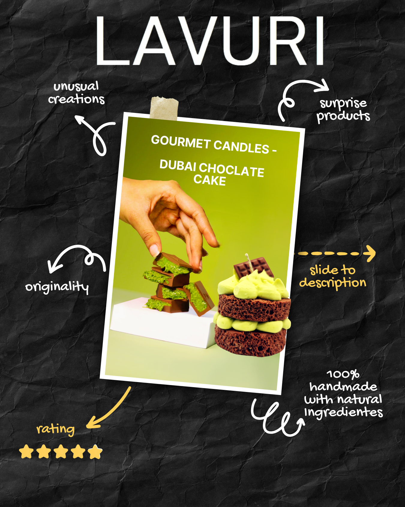 DUBAI Choclate Cake Candle, 100% handmade soy waxed scented Candle, Pistachio creme look on fluffy Cake base