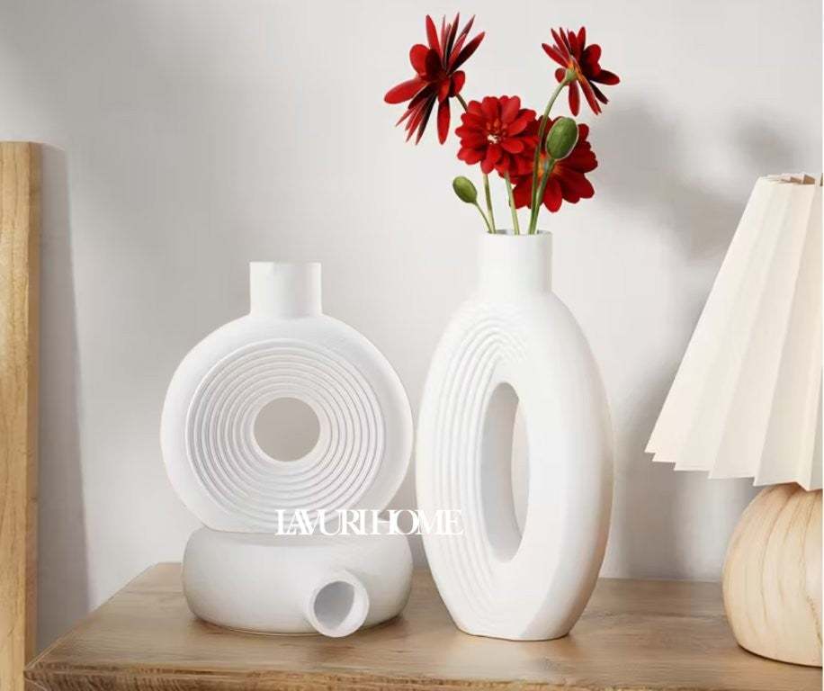 GIRO 18x16 - OVAL 27x14 Circle Line Vase white ceramic Boho Vase for Home Decor handmade in Portugal 1300g 5,5cm Gieß- Keramik